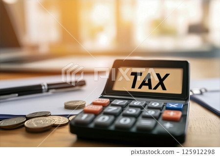 Calculator displaying tax information on a wooden desk with coins and stationery 125912298