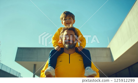 Joyful father and son enjoying a sunny day outdoors with smiles and laughter 125912299
