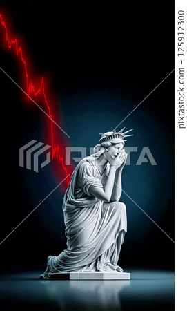 Statue of Liberty in despair with a falling graph symbolizing economic crisis concept 125912300
