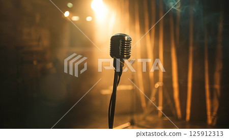 Vintage microphone in spotlight with warm glow creating an artistic performance atmosphere concept 125912313