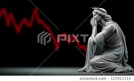 Emotional statue representing despair and loss with a declining graph symbolizing financial crisis concept 125912314