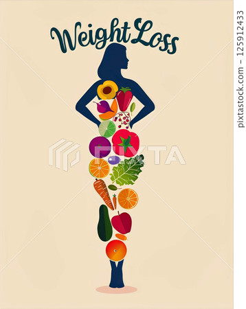 Colorful silhouette of a woman filled with fresh fruits and vegetables  125912433
