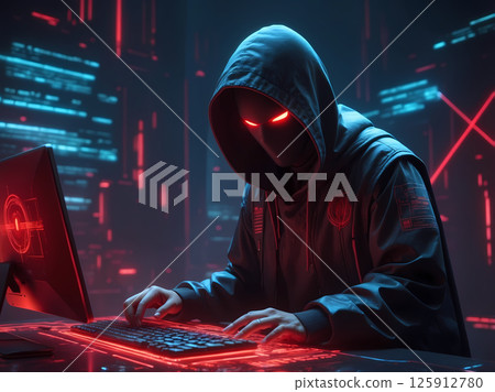 Image of a hacker operating a computer ai 125912780