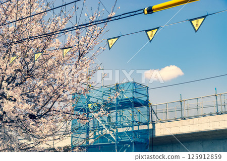 Railway viaduct construction and cherry blossoms blooming around Higashimurayama Station, Tokyo 2025.04 a-3 Warm and cool colors Railway viaduct construction and cherry blossoms blooming around Higashimurayama Station, Tokyo 2025.04 a-3 Warm and cool colors 125912859