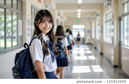 Japanese high school girl smiling in the school hallway 125912939