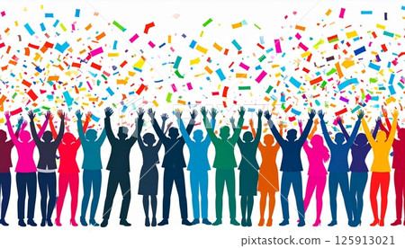 Illustration of people cheering with confetti flying, white background 125913021