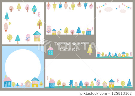 斯堪的納維亞風格的房子和樹木時尚框架設計模板集 125913102