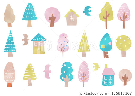Scandinavian style cute trees and houses illustration set 125913108