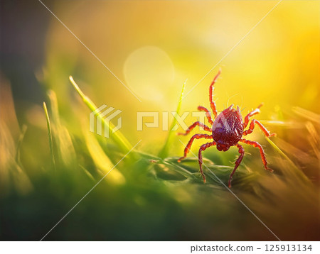 Tiny red spider crawling on green grass in warm sunlight nature macro photography concept 125913134