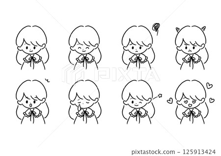 Various expressions of a woman with long hair and a frilly collar - Line drawing set 125913424