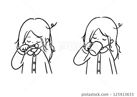 A long-haired woman in pajamas brushing her teeth and drinking coffee in the morning - line drawing set 125913633