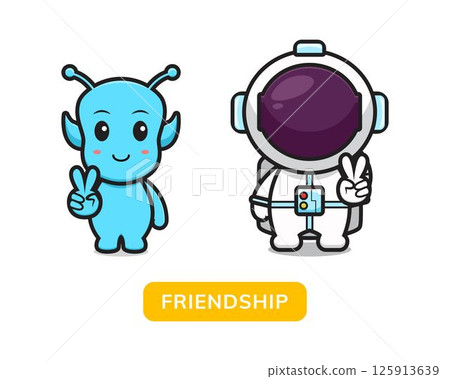 Cute alien and astronaut make a friendship cartoon vector icon illustration 125913639