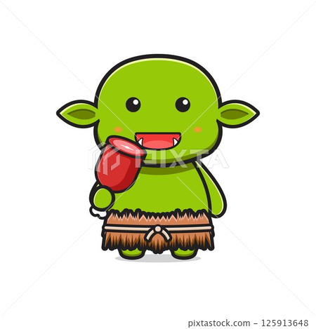 Cute goblin eating meat cartoon icon illustration 125913648