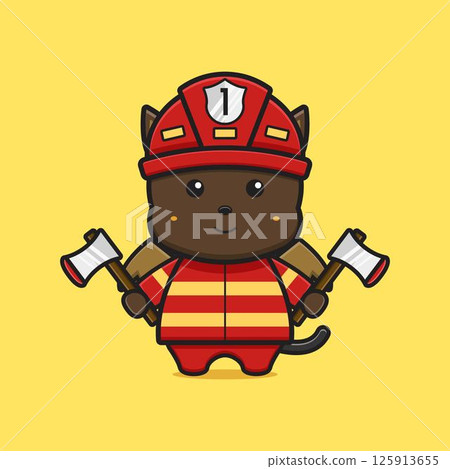 Cute cat monster firefighter cartoon icon illustration Cute cat monster firefighter cartoon icon illustration 125913655