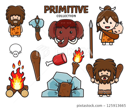 Set collection of cute primitive caveman cartoon icon clipart illustration 125913665