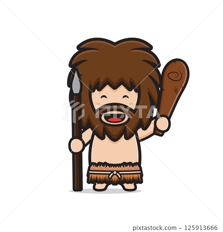 Cute primitive caveman holding cudgel and spear cartoon icon clip art illustration 125913666