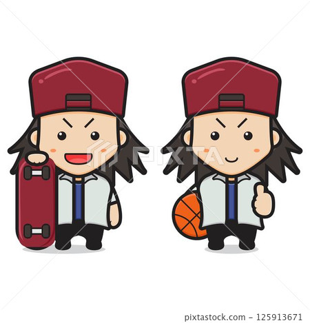 Cute boy holding skateboard and basketball cartoon icon vector illustration 125913671