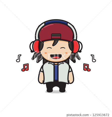 Cute boy listening music with headphones cartoon icon illustration 125913672