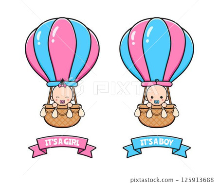 Baby shower card with cute baby riding hot air balloon cartoon icon illustration 125913688