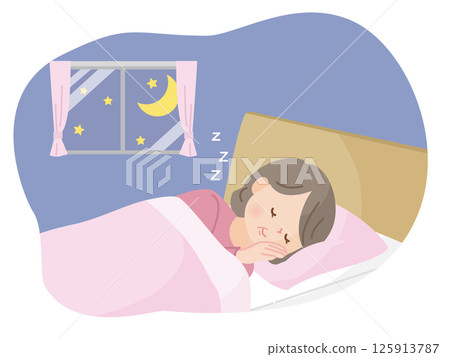 Illustration material of a middle-aged woman sleeping soundly in bed 125913787