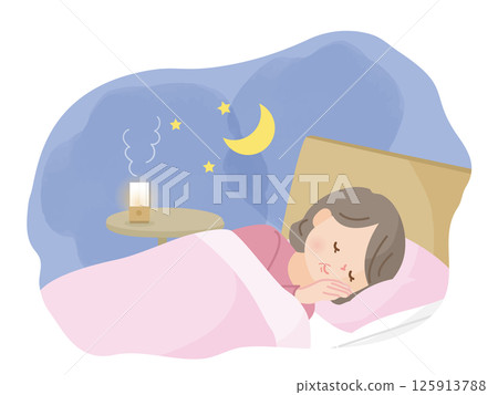 躺在床上睡得很香的中年婦女插畫素材 125913788