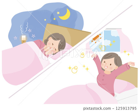Illustration of a middle-aged woman who sleeps soundly and wakes up refreshed 125913795