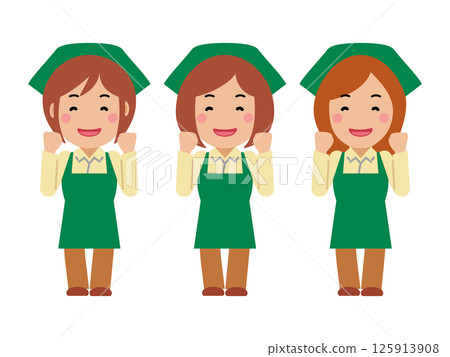 A young woman in a green apron smiling and saying "I'll do my best" 125913908