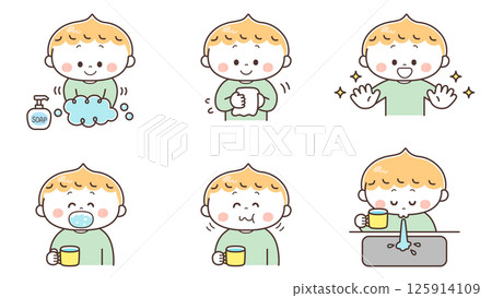 Illustration set of a boy washing his hands and gargling 125914109