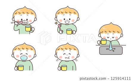 Illustration set of a boy brushing his teeth and gargling 125914111