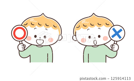 一個男孩拿著通過/不通過卡片的插圖 一個男孩拿著通過/不通過卡片的插圖 125914113