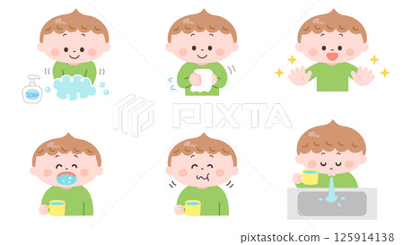 Illustration set of a boy washing his hands and gargling 125914138