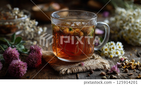 Glass of fresh and hot herbal tea  125914201