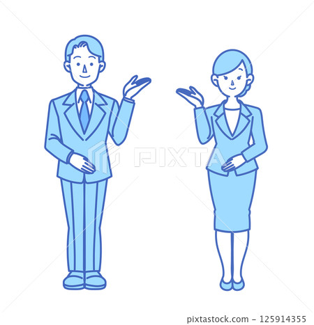 穿著西裝的男人和女人指示方向的插圖 穿著西裝的男人和女人指示方向的插圖 125914355