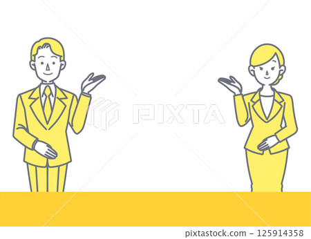 Illustration of a man and woman in a suit giving directions 125914358