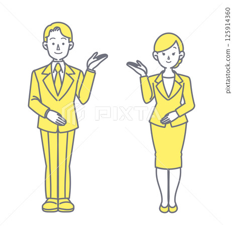Illustration of a man and woman in a suit giving directions 125914360