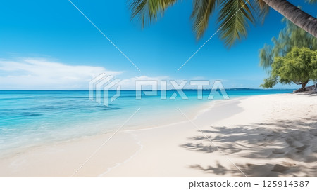 Tropical beach. Summer vacation on a tropical island with beautiful beach and palm trees. Tropical Maldives. 125914387