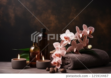 Beautiful spa composition. Couple Towels With Candles And Orchid For Natural Massage 125914467