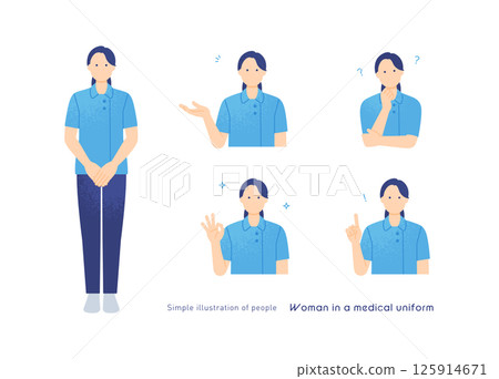 Nursing staff in uniform. Nurse gestures for OK, pointing, inspiration, and guidance. 5 pose set. 125914671