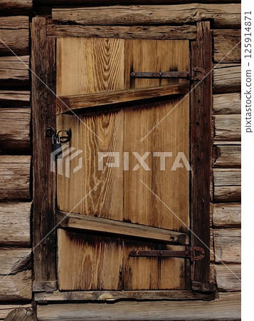 wooden door with rustic charm in cabin, securely locked and showcasing weathered textures. 125914871