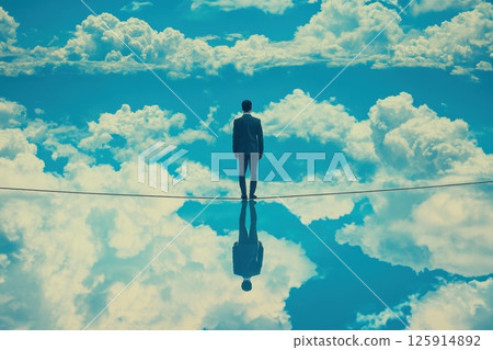 Man Standing on Glass Surface Under Dramatic Sky Reflection Man Standing on Glass Surface Under Dramatic Sky Reflection 125914892