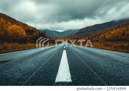 Serene Road Scene with Clean White Arrow Lines Serene Road Scene with Clean White Arrow Lines 125914894