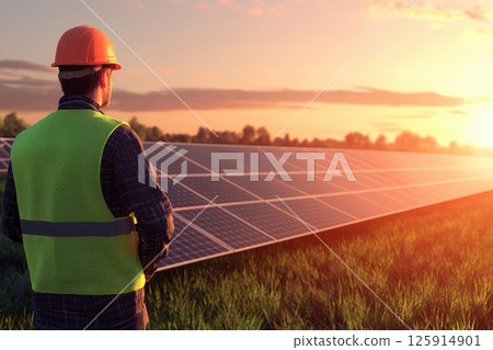 Worker in Hard Hat Observing Solar Panels at Sunset in Renewable Energy Field Worker in Hard Hat Observing Solar Panels at Sunset in Renewable Energy Field 125914901