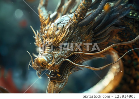 A gold dragon with a menacing look on its face 125914905