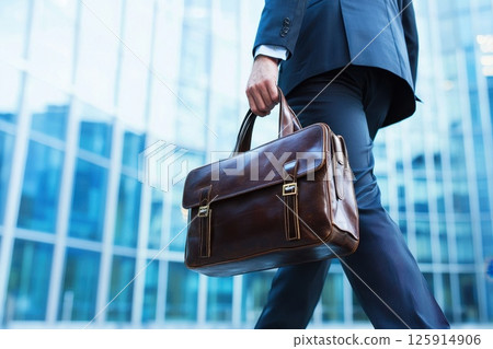 A man is walking with a brown leather briefcase A man is walking with a brown leather briefcase 125914906