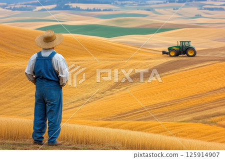 Farmer in Blue Overalls Observing Golden Wheat Fields with Tractor in Background Farmer in Blue Overalls Observing Golden Wheat Fields with Tractor in Background 125914907