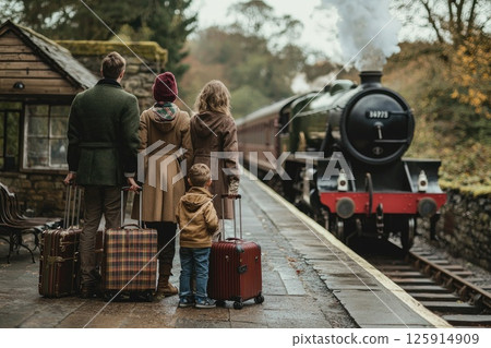 Nostalgic Family Trip to a Vintage Train Station with Luggage, Embracing Adventure in the Autumn Landscape Amidst a Steam Locomotive Arrival 125914909