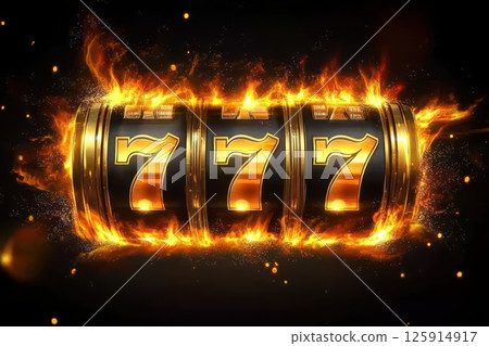 Golden Jackpot Symbols on Flaming Slot Machine with Bright Sparks and Mystical Background 125914917