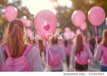 Group of People with Pink Balloons Walking in a Sunlit Park During a Festival Celebration 125914923