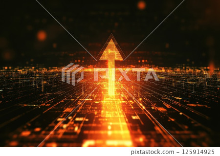A glowing arrow is pointing upwards in a cityscape 125914925