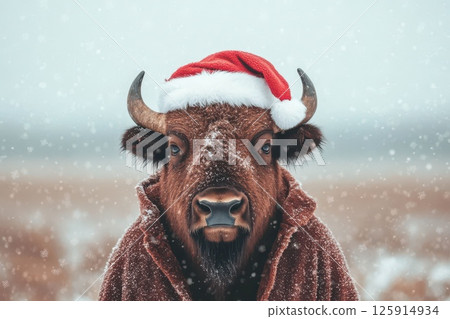 Stylish Giant Bison in Minimalist Jacket and Santa Hat Stylish Giant Bison in Minimalist Jacket and Santa Hat 125914934
